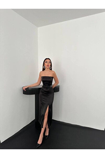 LACASE Women's Black Strapless Satin Dress