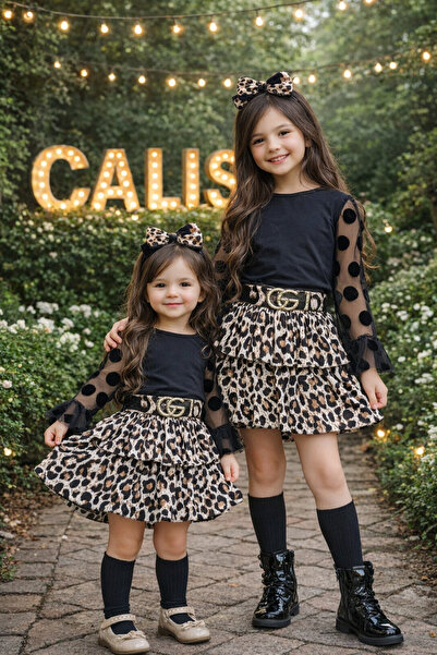 CALİSA تنورة ليوبارد للفتيات مع بلوزة بأكمام من التول وحزام، طقم أنيق من 3 قط...