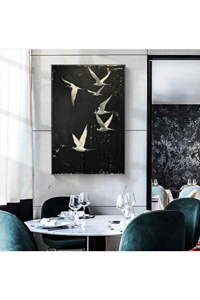 3D Art Sa A painting of white birds flying against a stylish black background...