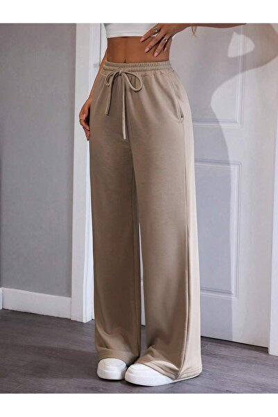 LEONE KOLEKSİYON Women's High Waist Modal Palazzo Pants Wide Leg Beige