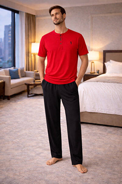 YUYİ Polo Republi̇ca 95% Cotton Short Sleeves Buttoned Collar Men's Pajama Se...