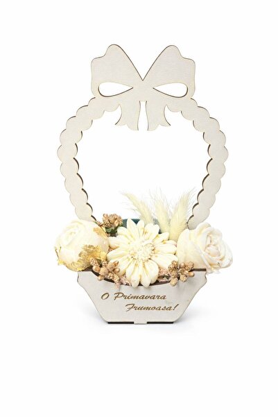 OEM Martisor floral 3 flori alb-auriu din ceara parfumata in cos de lemn, pot...