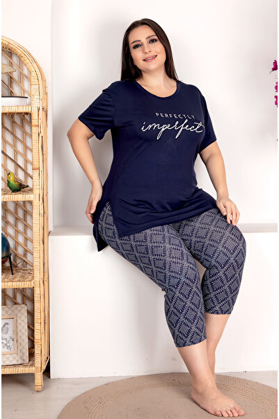 MOPİ Plus Size Viscose Comfortable Short Sleeve Capri Pajamas Set