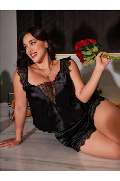 euro click Plus Size Black Satin Shorts Pajama Set – Women's Nightgown Set wi...