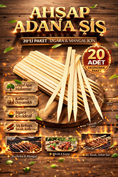 Enjoy Party Store 20 Adet Ahşap Adana Şiş 25cm.Mangal ve BBQ İçin Kalın Dayan...