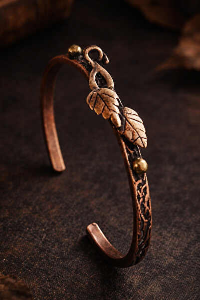 İyyaKee Kadın Bakır Bileklik Çift Yaprak Model Saf Bakır Kelepçe