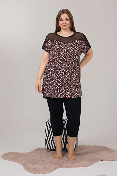 MOPİ Plus Size Viscose Comfortable Short Sleeve Capri Pajamas Set