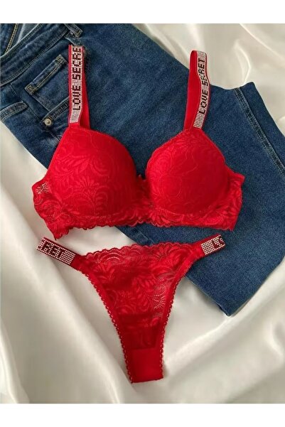Rossena Kadın Taşlı Dantelli Destekli Push Uplı Sütyen Tanga Kırmızı İç Çamaş...