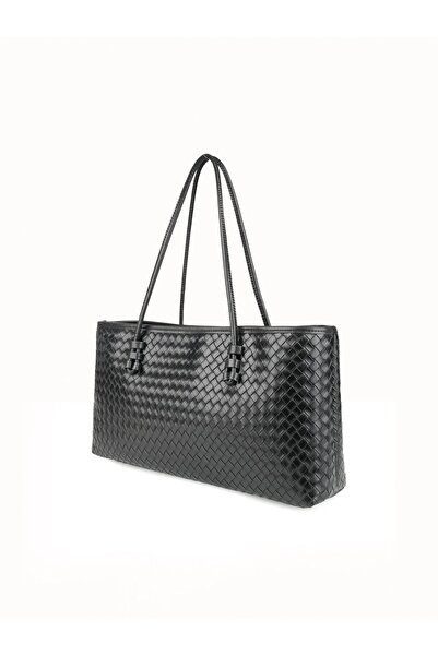 Beshora Owen Black Matte Women's Rectangular Tote Bag with Zipper and Knitted...