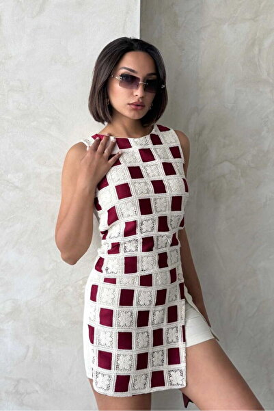 VERYMODA Bluză fără mâneci cu model în carouri - Roșu Claret |   D2620