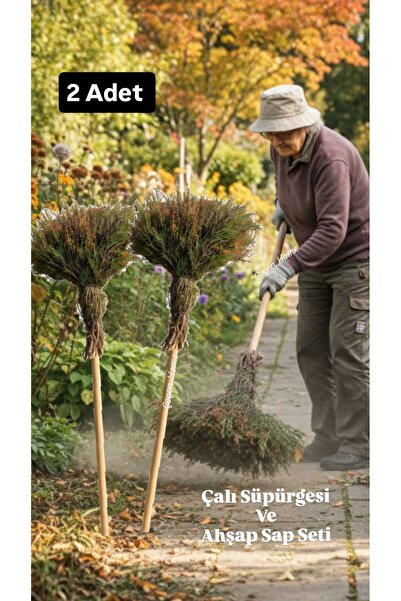 ÇEÇEN HOME (2 Adet) Ahşap Sap + El Yapımı Çalı Süpürgesi Dayanıklı Bahçe Süpü...