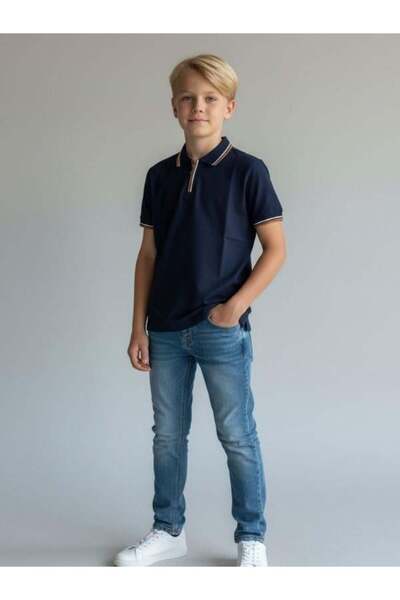 Zekids Boy's Collared Honeycomb Textured T-Shirt