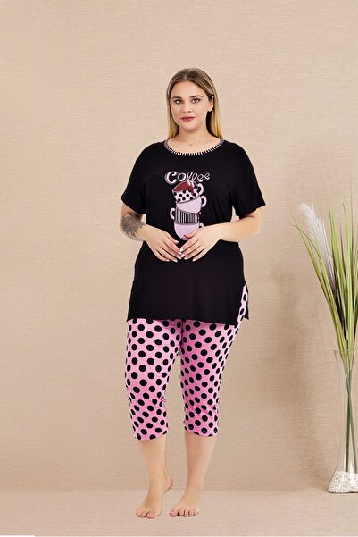 MOPİ Plus Size Viscose Short Sleeve Capri Pajamas Set