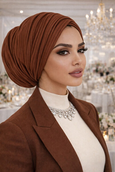 Aişe tesettür Căciulă lejeră cu șnur și dungi maro