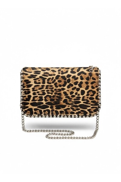 LAUGH BAG Leopar Desenli Zımba Detaylı Zincir Askılı Portföy El ve Omuz Çantası