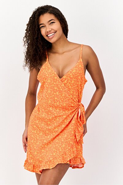 Don't Call Me Jennyfer Women Floral Print Wrap Dress, Orange