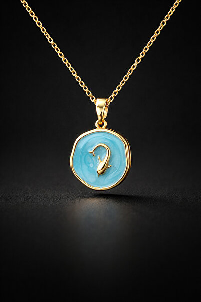 Veloura Zarif Mavi Figürlü Kolye – Altın Renk Zincirli Şık Tasarım