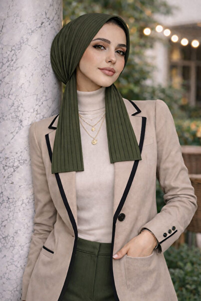 Aişe tesettür Χακί ριγέ κασκόλ-μπόνε