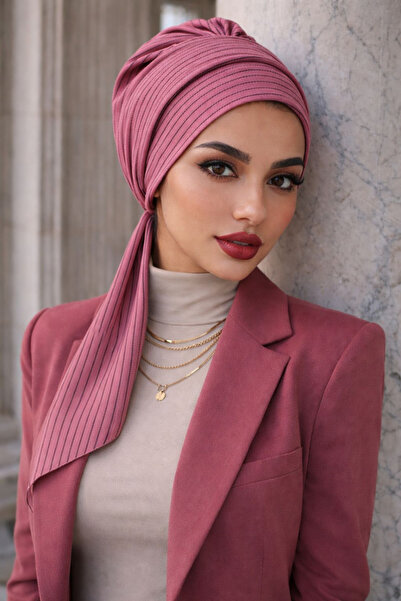 Aişe tesettür Καπέλο με ρίγες από αποξηραμένο ροζ τριαντάφυλλο