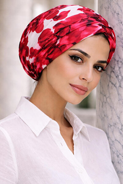 Aişe tesettür Λευκό Κόκκινο Τριαντάφυλλο Χαλαρό Καπέλο με Κορδόνι