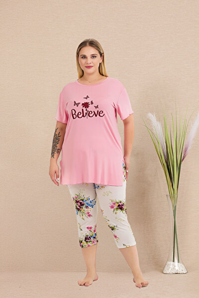 MOPİ Plus Size Viscose Short Sleeve Capri Pajamas Set