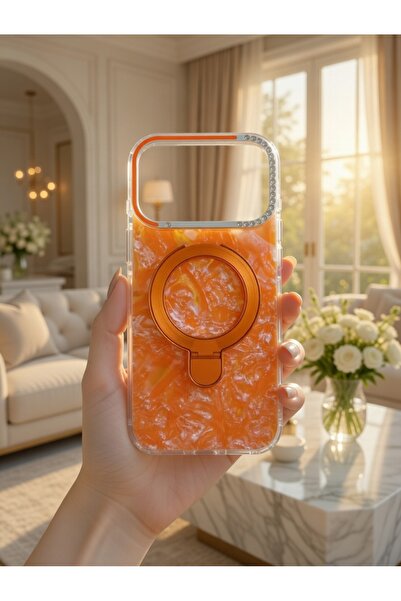 KumOziShop iPhone 17 ProMax Uyumlu MagSafe Özellikli Şeffaf Taşlı Mermer Stan...