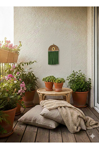 KdrElektronik Hasır Duvar Süsü - Yeşil Makrome Detaylı El Yapımı Kapı Süsü - ...