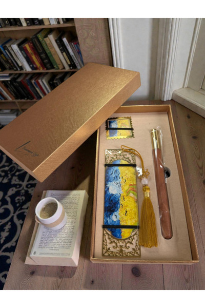 OEM Vintage set, 2 gold metallic bookmarks and ink pen, classic sign and pape...