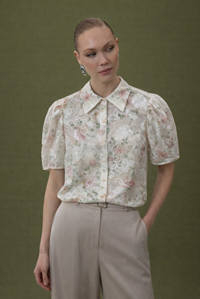 Sateen Embroidered Short Sleeve Shirt - Powder