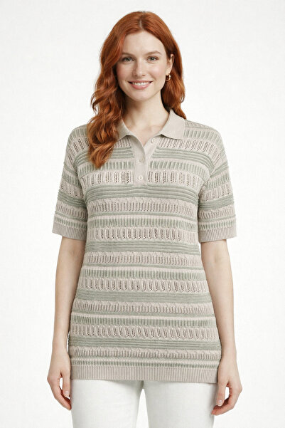 Neden Tekstil Green Beige Striped Polo Collar Buttoned Long Knitwear Blouse