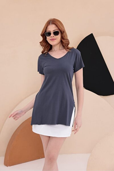 bb butik basic Slit Long Basic T-Shirt Hkn34