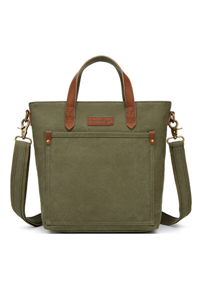 Hüvendo Smart Bags Khaki Women's Shoulder Bag Canvas Fabric with Genuine Leat...