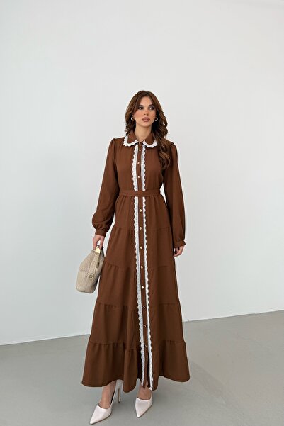 BEJNA Women's Lace Detailed Maxi Shirt Dress