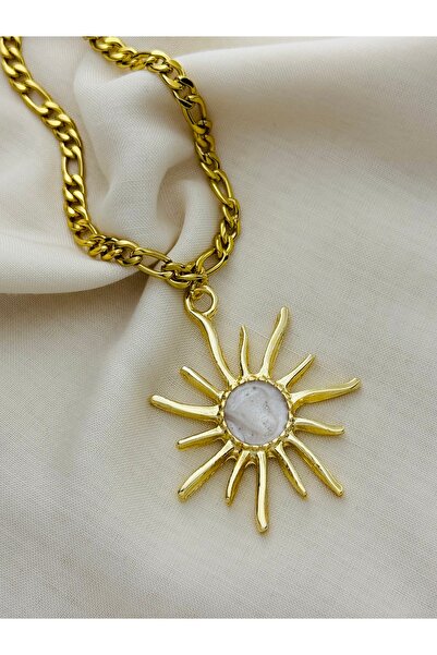 roshel Large Enamel Sun Pendant Steel Necklace Figaro Chain 45/60 cm Length O...