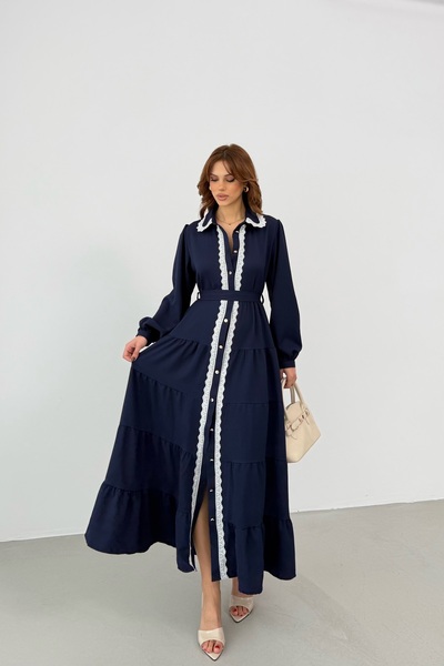 BEJNA Women's Lace Detailed Maxi Shirt Dress