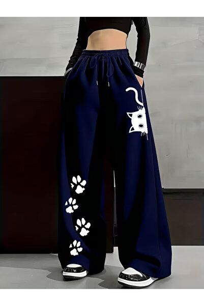 Nilvor Unisex Cute Cat Baggy Cut Wide Leg Sweatpants