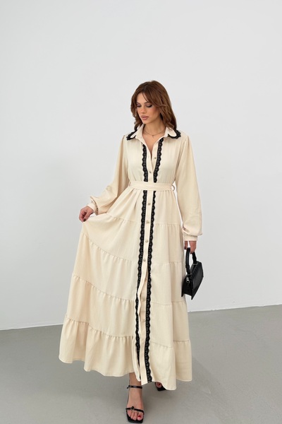 BEJNA Women's Lace Detailed Maxi Shirt Dress