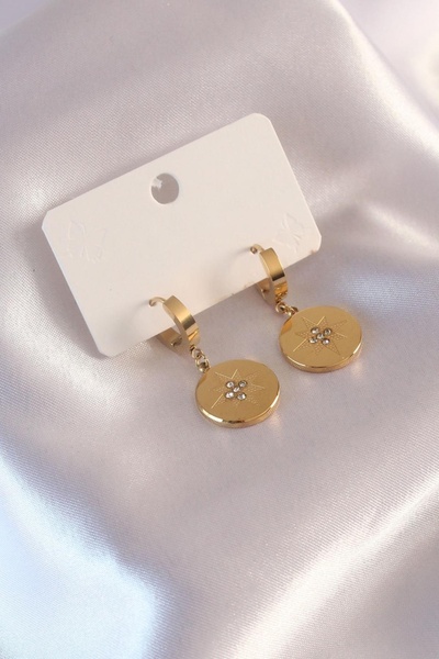 BUTİK AYVİTRİN Steel Gold Color Polar Star Embroidered Zircon Stone Women's E...