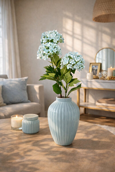 ELZI ATÖLYE Mavi Mini Ortanca Yapay Çiçek –3lü,70 cm dal- Dekoratif Vazo Aran...