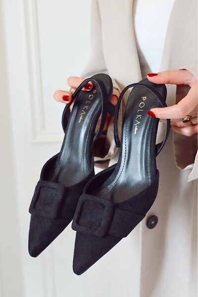 POLKA STORE May Square Buckle Pointed Toe Short Kitten Heel Women's Shoes