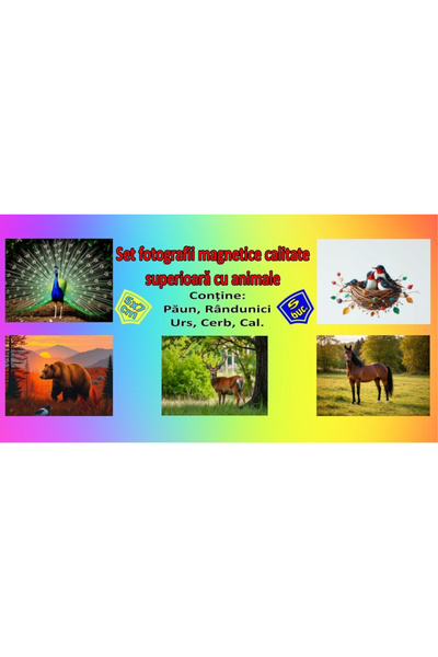 GGMag Tablouri Set 5 poze magnetice 7 x 5 sau 10 x 7 cm cu animale, Urs, Cal,...