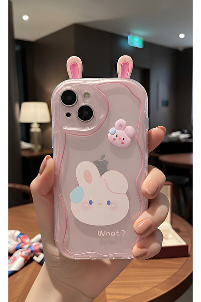 TechTrove حافظة وردية شفافة بحواف متموجة بتصميم أذن أرنب ثلاثية الأبعاد متواف...