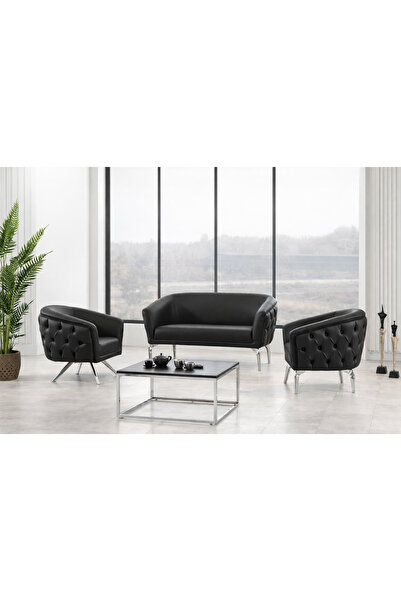KIEZ Siyah Deri Gümüş Krom Ayaklı Ofis Koltuk Takımı Makam Koltuk Takımı Raha...
