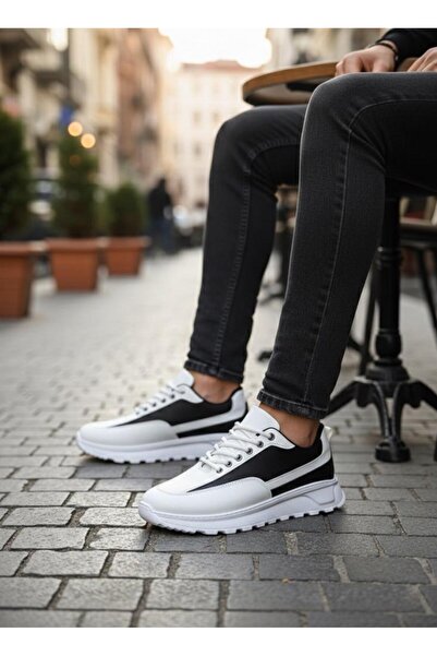 BPM Ba0246 White Black Parted Lace-Up High Sole Casual Men's Shoes