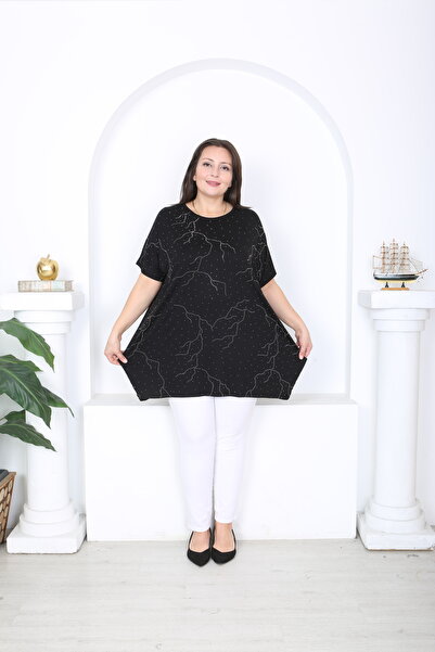 XL Modam Women's Black Lycra Viscose Stone-Embellished Plus Size Tunic