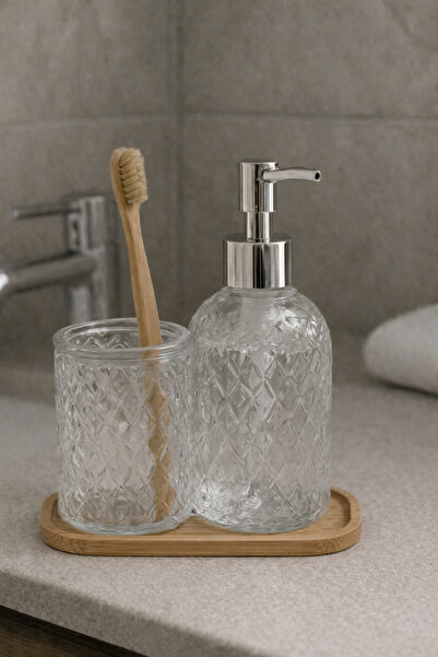MEYA PİNE Glass Liquid Soap Dispenser and Toothbrush Holder Set with Bamboo B...