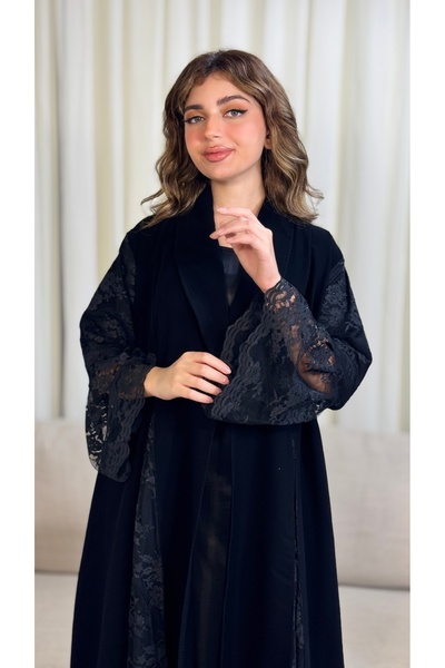 Warazan Elegant abaya with floral Lace trim for special occasions