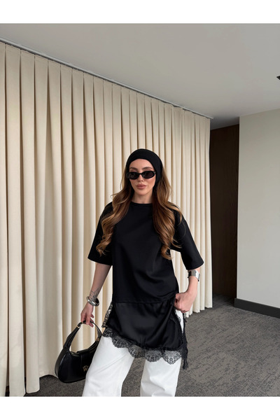 Laluvia Black Asymmetrical Lace Blouse - 0771