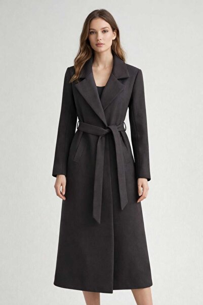 Puane Women's Belted Long Length Lined Cashmere Dark Brown Coat 15170