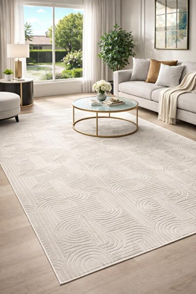 BESELY Krem Bohem Emboss Kabartma Desenli Premium Kaymaz Taban Yıkanabilir Ha...
